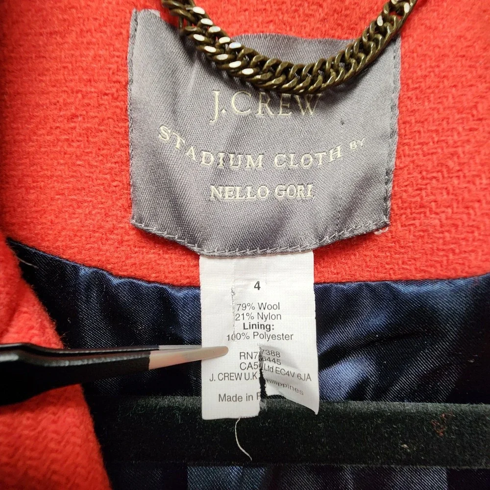 J. Crew Pea Coat Women 4 Red Stadium Cloth by Nello Gori Gold Buttons FLAWS READ - Picture 9 of 14